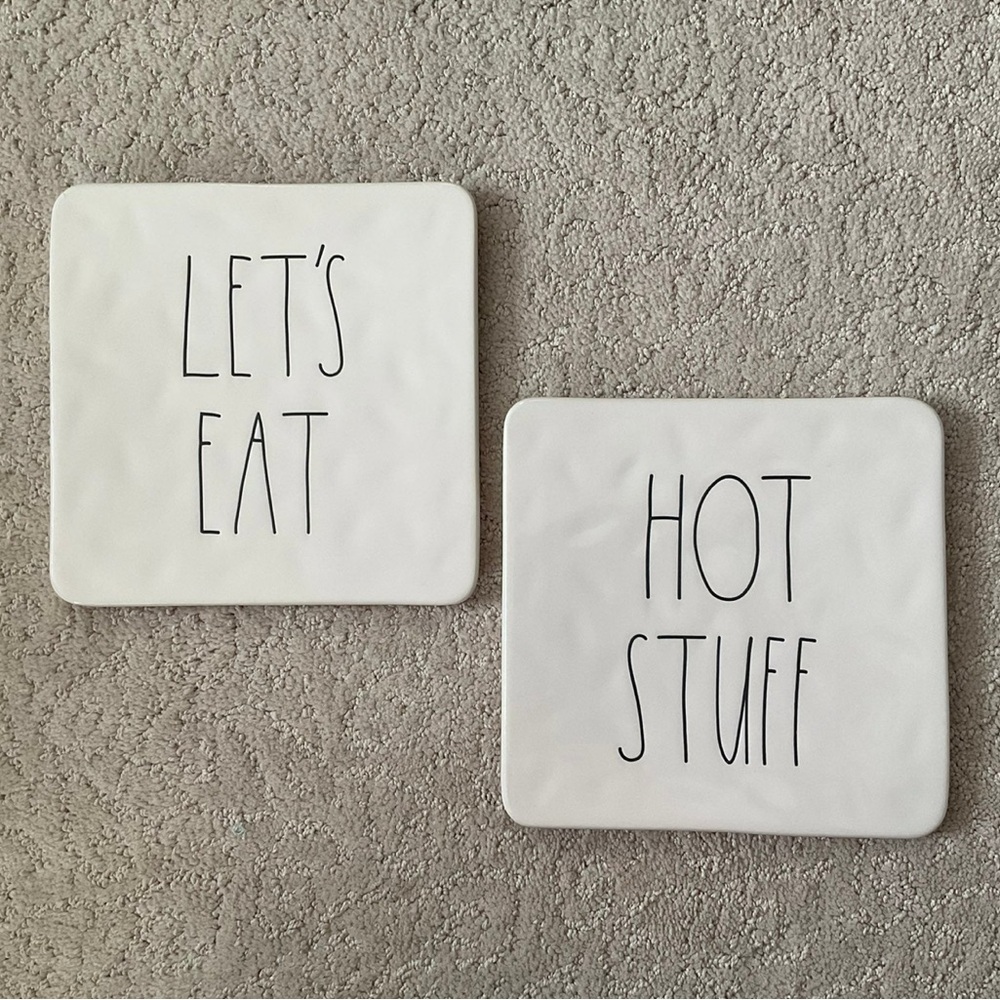 Rae Dunn White Square Plates - Let's Eat & Hot Stuff